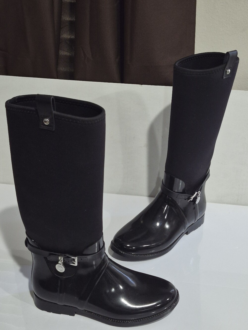Micheal Kors Women's Black Knee-High Rain Boots with Buckle Detail Size 10